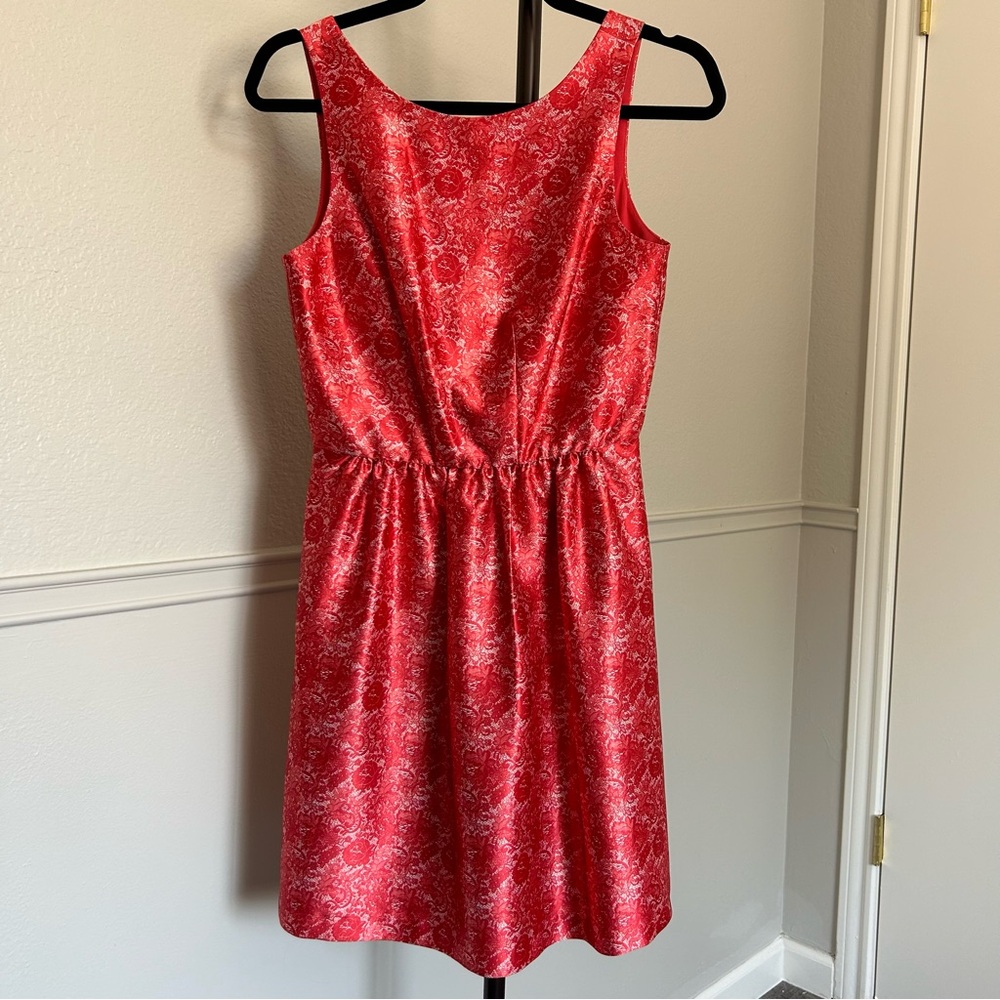 The Limited Structured High Neck A-Line Red Satin Lace Rose Print Dress Women’s